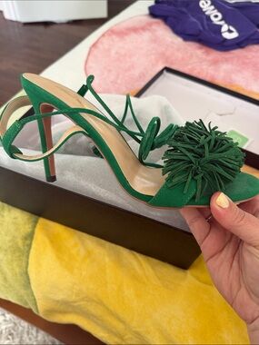 NEVER WORN Amazon Green Suede Pom-Pom Strappy High Heel Sandals